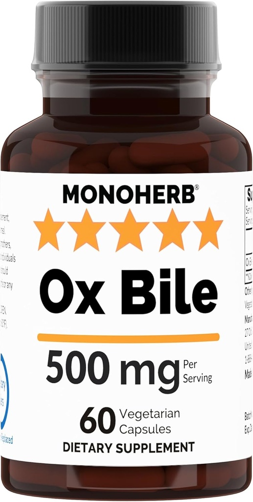 Ox Bile 500 mg - 60 gélules 250 mg par gélule - portion 2 gélules : 500 mg - 30 portions
