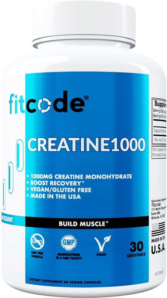 fitcode Creatine1000, 1 Gram of Pure Creatine Monohydrate in Each Serving, Veggie Capsules (30 Servings)