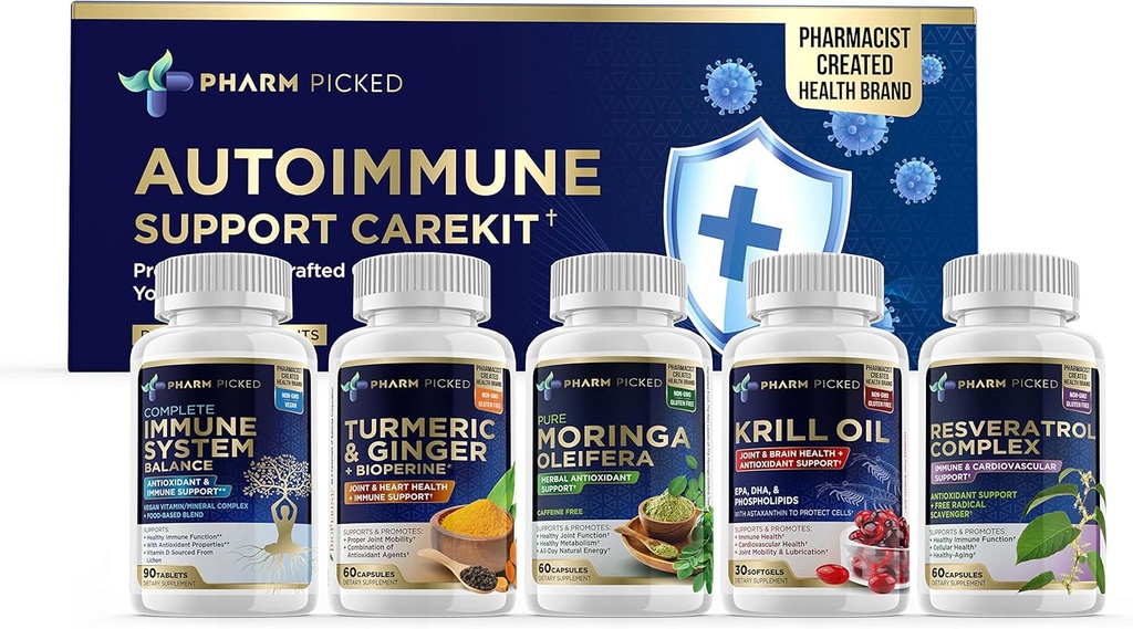 PHARM PICKED Autoimmune Support CareKit – 5 Supplement Bundle + Guide Auto-Care Imprimé – Immune Balance, Resvératrol, Moringa, Krill Oil, Turmeric & Ginger – Non-OGM, confiance des pharmaciens