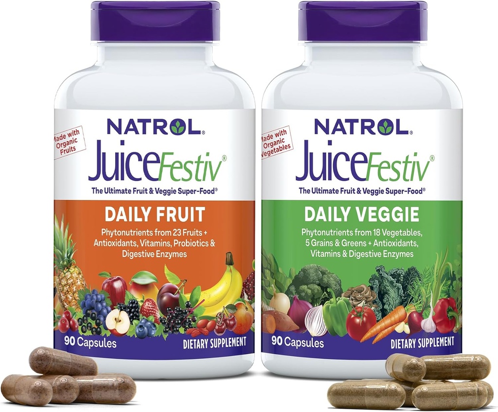 Natrol JuiceFestiv, l'Ultime Fruit et Veggie Super-Food pour soutenir la nutrition équilibrée et le bien-être global, plus les antioxydants pour la santé cellulaire, 90 capsules (2-Count), jusqu'à 45 jours d'approvisionnement