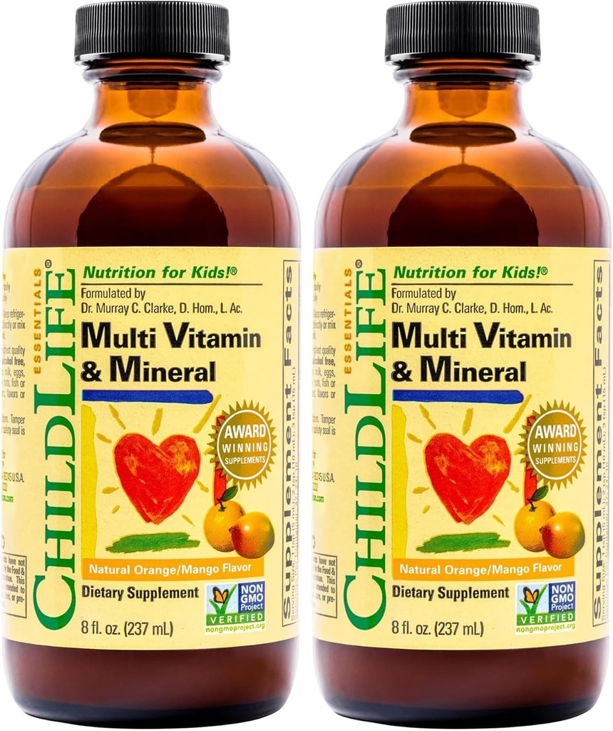 FEUILLES ESSENTIELLES, Multivitamines liquides et suppléments minéraux pour enfants - Vitamines liquides pour enfants, tout naturel, sans gluten, non-OGM - Orange naturel et saveur de mangue, bouteille de 8 once (paquet de 2)