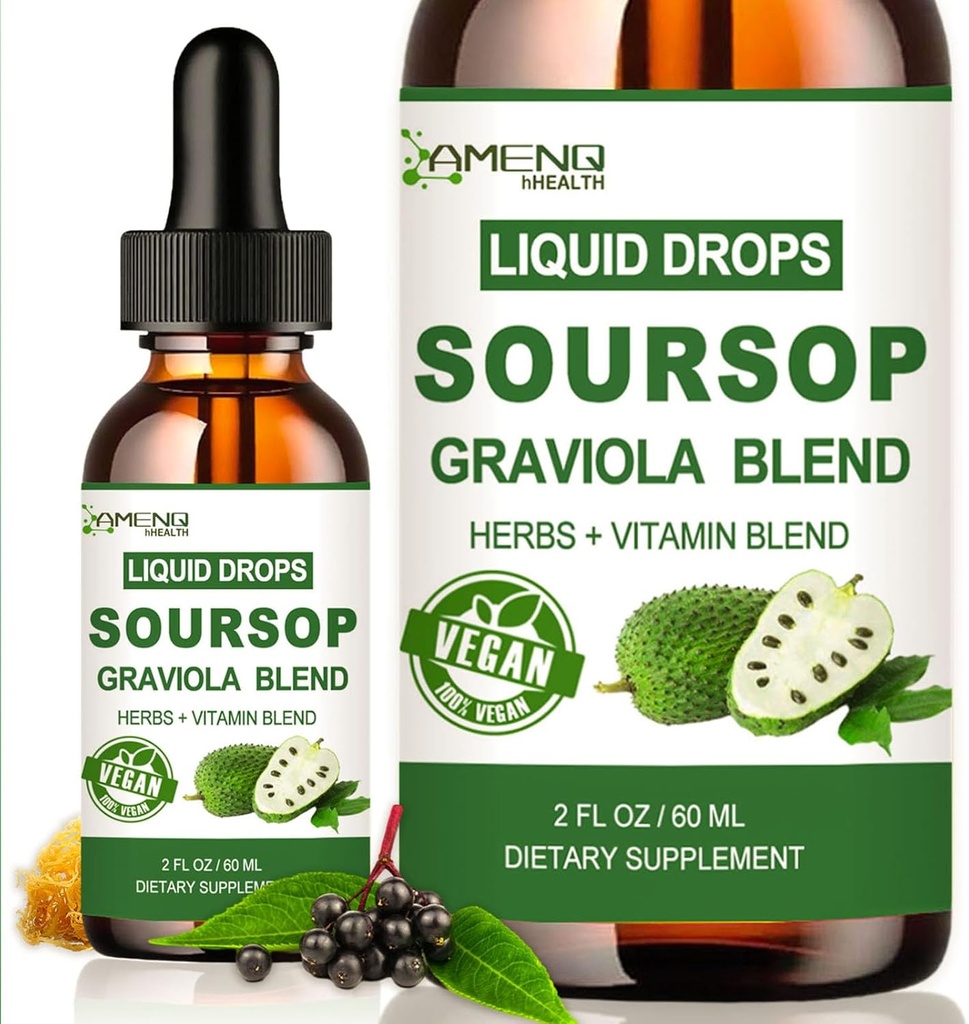 Sursop Graviola gouttes liquides, extrait de sourdop organique avec mousse de mer, vitamine C et zinc de la baie d'eau, 16-en-1 amers de sourds liquides pour le soutien cellulaire, antioxydant et immunosupport 2 Fl/Oz