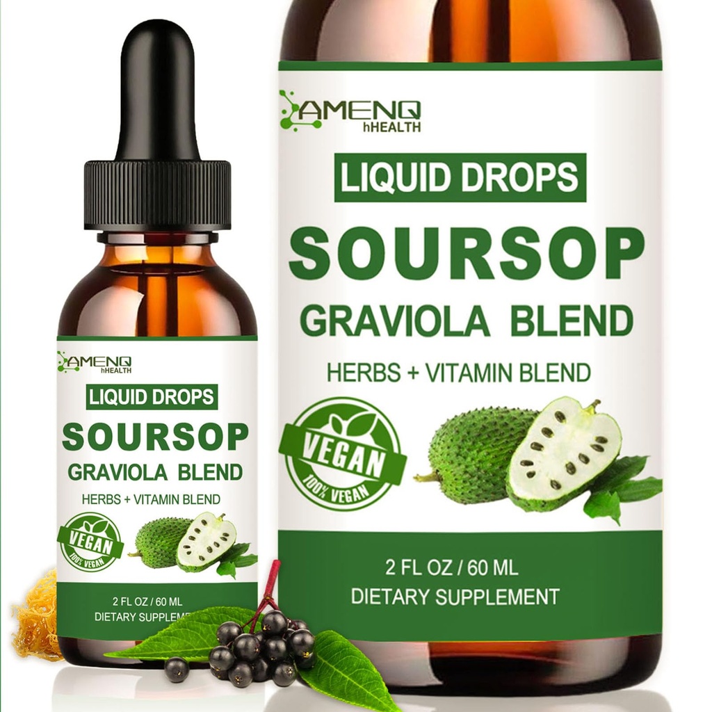 Sursop Graviola gouttes liquides, extrait de sourdop organique avec mousse de mer, vitamine C et zinc de la baie d'eau, 16-en-1 amers de sourds liquides pour le soutien cellulaire, antioxydant et immunosupport 2 Fl/Oz