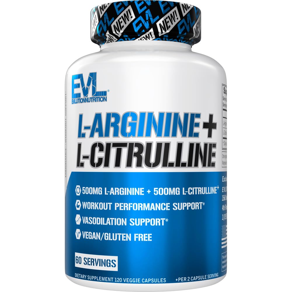 Evlution Nutrition L-Arginine + L-Citrulline - Endurance + Supplément Performance d'entraînement - 1000mg Complexe - Vasodilation + Support à l'oxyde nitrique - Capsules Vegan + Sans gluten - 60 portions