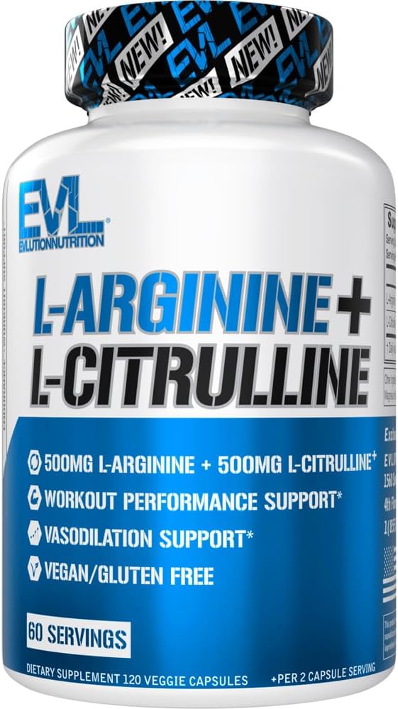 Evlution Nutrition L-Arginine + L-Citrulline - Endurance + Supplément Performance d'entraînement - 1000mg Complexe - Vasodilation + Support à l'oxyde nitrique - Capsules Vegan + Sans gluten - 60 portions