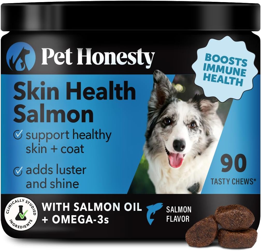 Animaux de compagnie Honesty Skin Health Saumon Chews - Démangeaison pour les chiens, Omega 3 Huile de poisson pour les chiens, Huile naturelle de saumon pour les chiens Chews pour la peau et le manteau, mai réduire Shedding, Suppléments d'huile de poisson de chien - 90 Ct