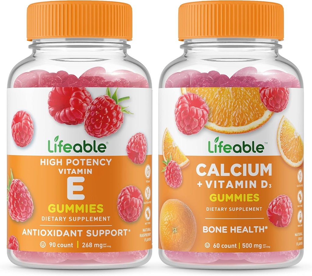 Vitamine vivante E + Calcium avec vitamine D, Gummies Bundle - Grande dégustation, supplément de vitamine, sans gluten, sans OGM, Gummy à croquer