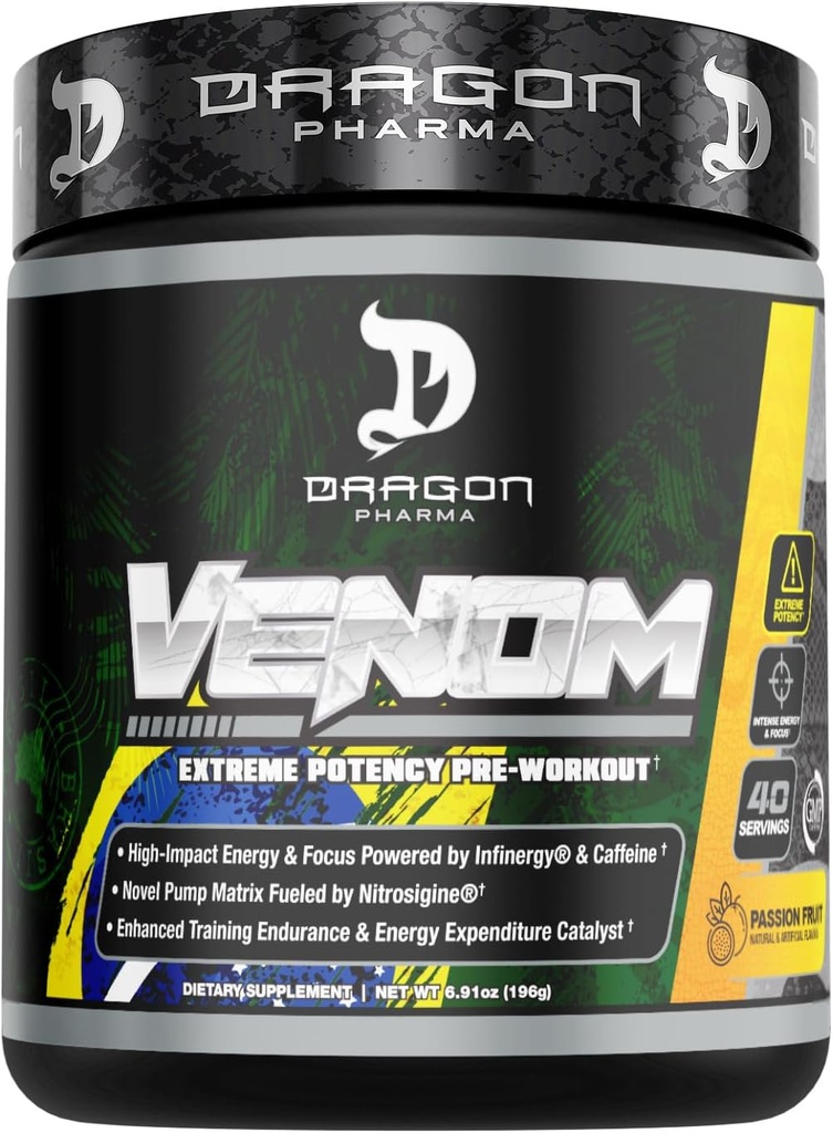 DRAGON PHARMA Venom Extreme Potency Pre-Workout, Laser Sharp Focus + Energy, Intense Performance, Ingrédients éprouvés pour la vasodilatation et l'endurance améliorées (40 portions, fruits de la passion)