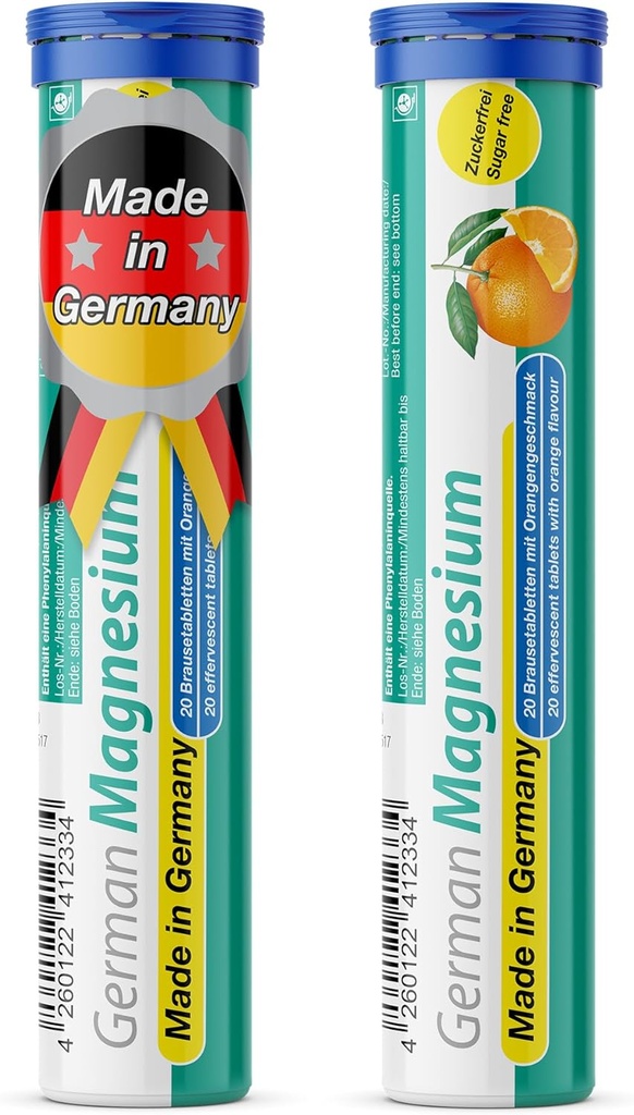 Supplément d'oxyde de magnésium allemand (comprimés effervescents) Arôme orange – 200 mg de magnésium par portion (sans sucre), végétalien – T & D Pharma – Fabriqué en Allemagne