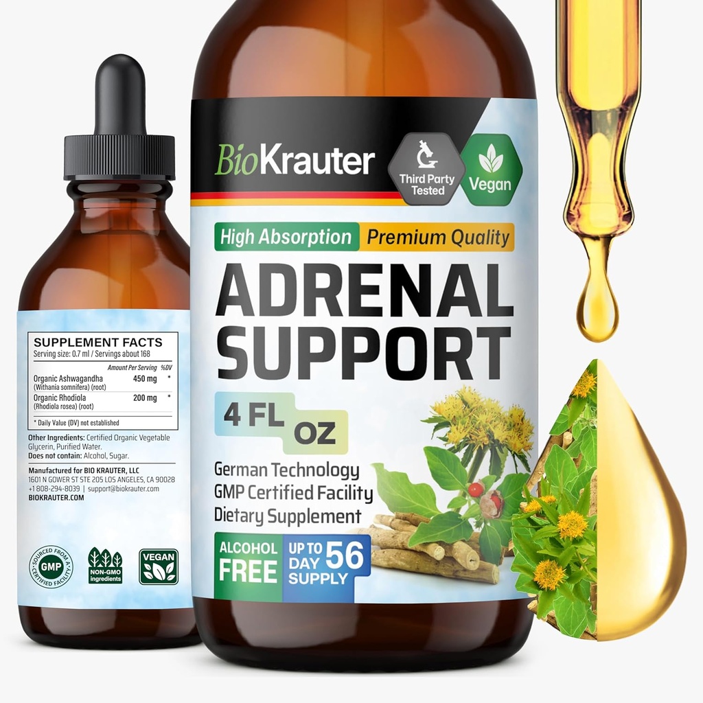 BIO KRAUTER Teinture de soutien adrénal - Suppléments Rhodiola & Ashwagandha - Vegan Mood Support Drops 4 Fl.Oz.
