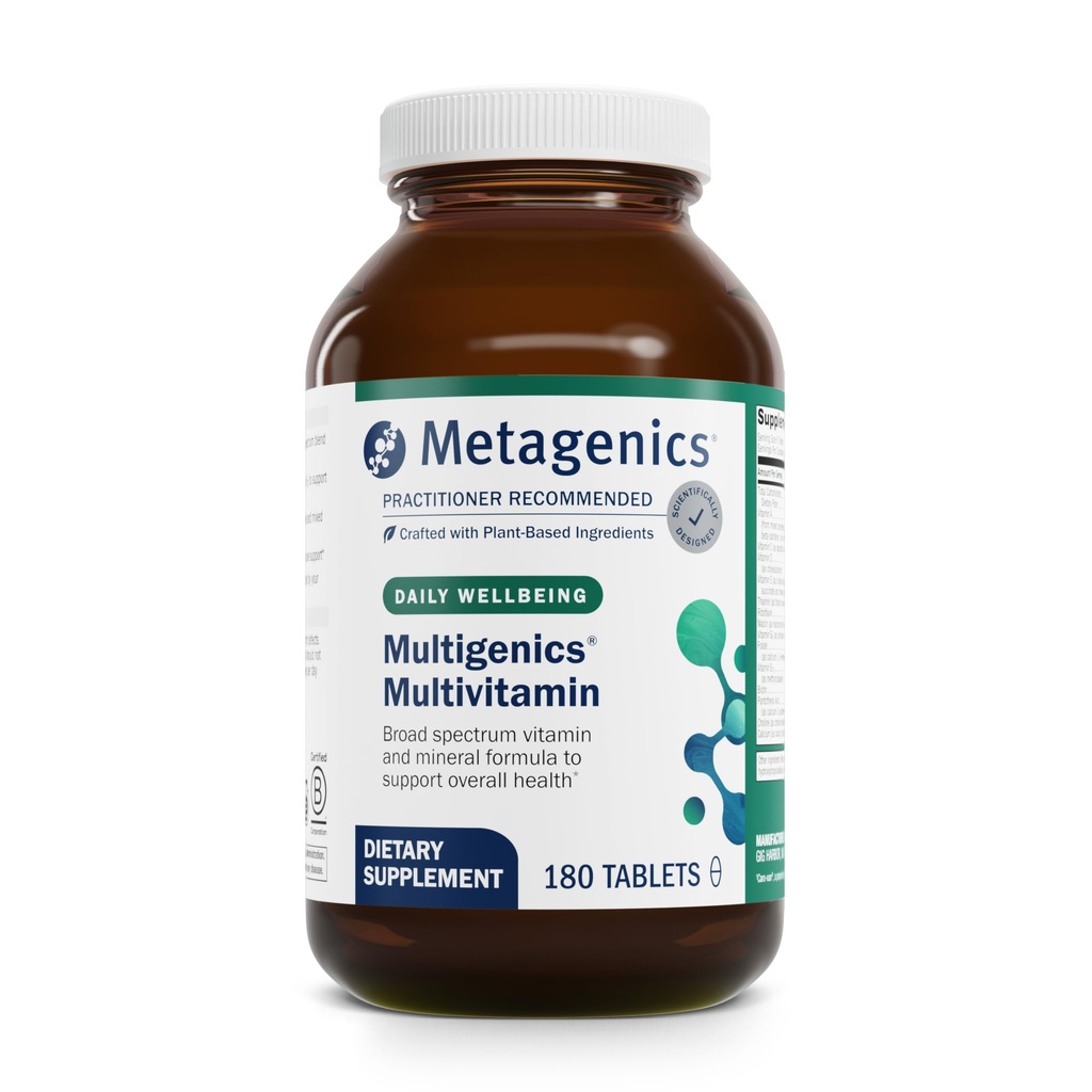 Métagène Multivitamine multigénique - Multivitamine quotidienne avec bêta-carotène, acide folique, calcium et magnésium - soutient la santé osseuse, cardiaque, immunitaire et cellulaire* - Non-OGM, sans gluten - 180 comprimés