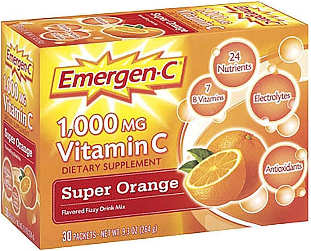 Emergen-C Vitamine C Mélange de boissons gazeuses Super Orange - 1000 mg - 0,32 Once Chacun, 30 Compte (paquet de 1)