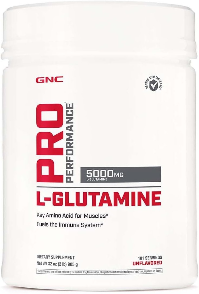 GNC Pro Performance L-Glutamine 5000mg, poudre de supplément d'acide amino, soutient la récupération et la fonction musculaires, le système immunitaire des combustibles, joue le rôle clé dans la synthèse protéique, non aromatisé, sans gluten, 181