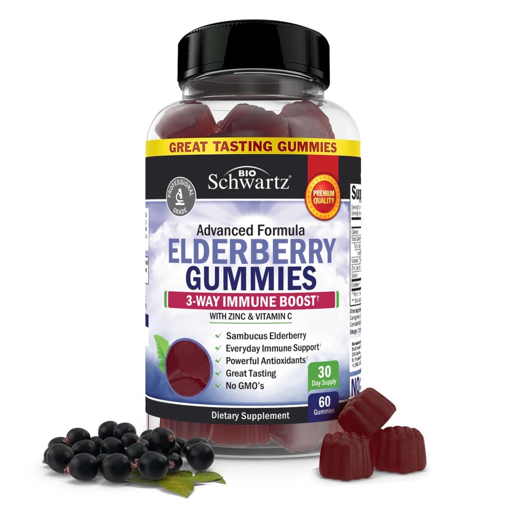 BioSchwartz Gommies de baies aînées au zinc et à la vitamine C - Soutien immunitaire naturel pour les adultes et les enfants - Black Sambucus Elderberry - Troisième partie testée, non-OGM, supplément multiminéral végétalien, 60 comte