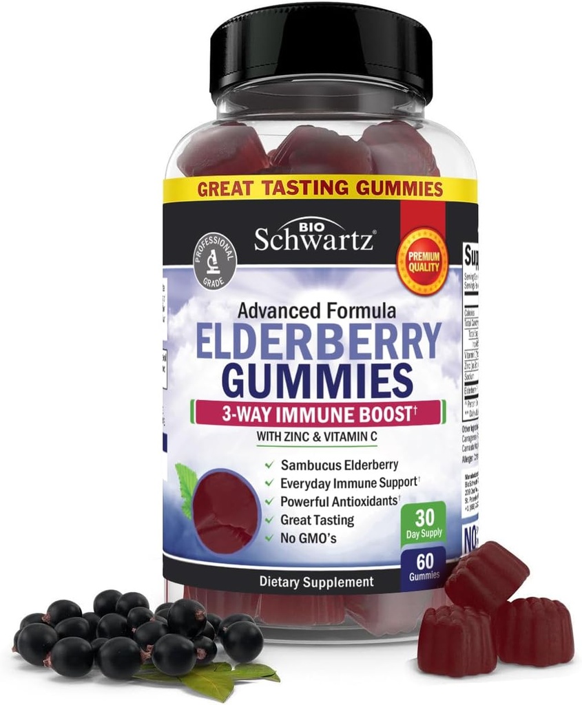 BioSchwartz Gommies de baies aînées au zinc et à la vitamine C - Soutien immunitaire naturel pour les adultes et les enfants - Black Sambucus Elderberry - Troisième partie testée, non-OGM, supplément multiminéral végétalien, 60 comte