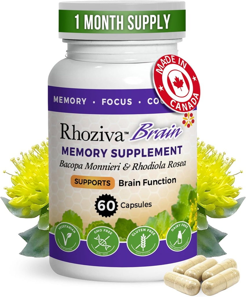 Supplément Cerveau - Mémoire et Focus, Rhodiola Rosea, Santé cognitive, Concentration, Clarté mentale, avec Bacopa Monnieri, Biotine, Nootrope, Vitamine et Minéraux - 60 Capsules