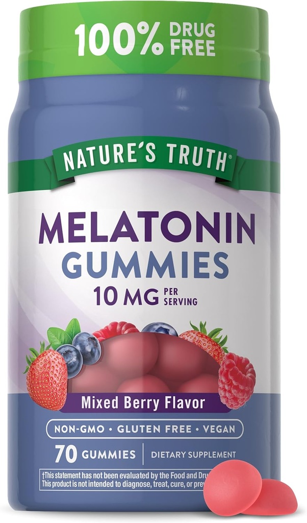 Nature's Truth Melatonin 10mg Gummies | 70 Count | Berry Flavor | Vegan, Non-GMO, and Gluten Free Supplement