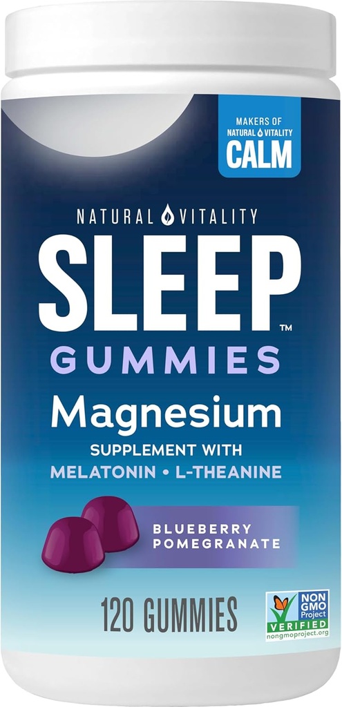 Natural Vitality SLEEP Gummies, Magnesium Supplement With Melatonin and L-Theanine, Vegan, Gluten Free, Helps the Body Ease Into Sleep, Blueberry Pomegranate 120 Count