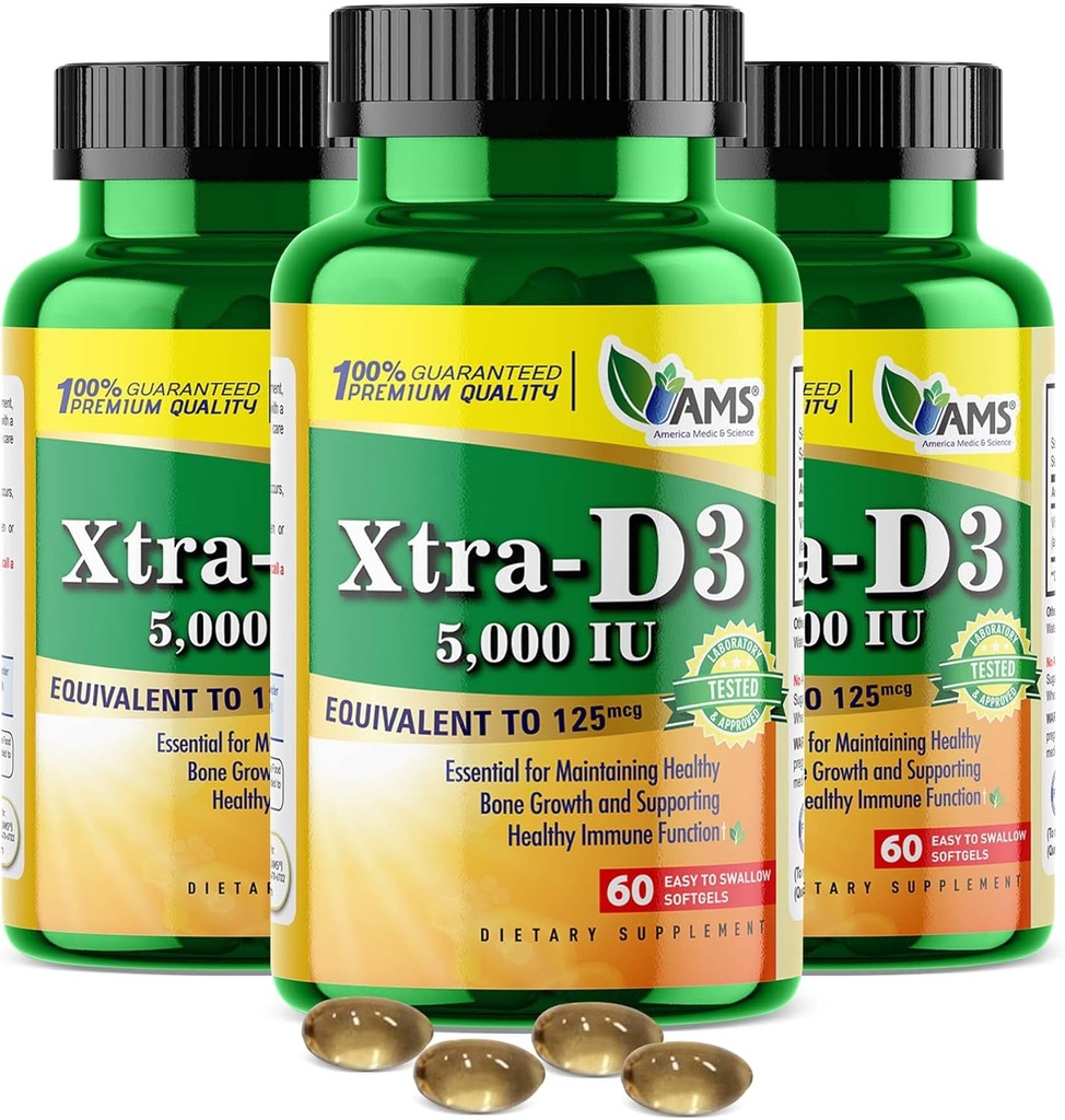 America Medic & Science Xtra D3 Vitamin D 5,000 IU (125 mcg)Cholecalciferol Supplement for Men & Women(180Easy to Swallow Softgels) 3pack|Best for Bone,Heart Health,Immune System Support,Lung Function
