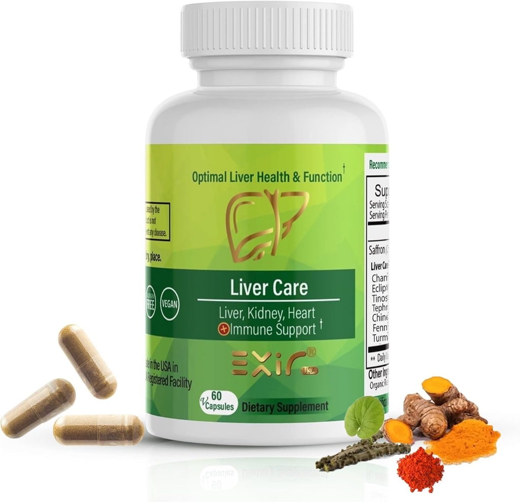 EXIR Supplément à base de plantes pour le nettoyage du foie, 60 capsules véganes – avec Safran, Chanca Piedra, Tinospora et Eclipta – soutien à base de plantes pour le bien-être du foie, équilibre digestif et activité antioxydante