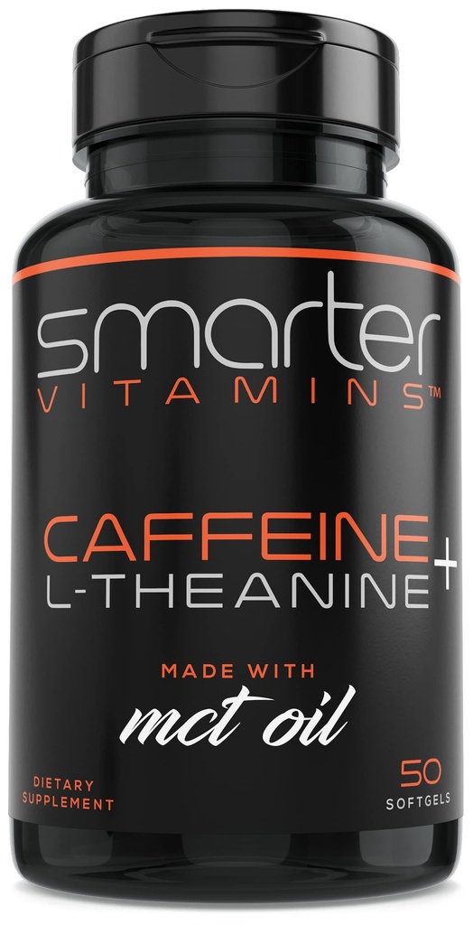 SmarterVitamines 200mg Pilules de caféine - MCT Huile de noix de coco 100 % + 100 mg L-Theanine, énergie et focus, Capsule à libération prolongée, 50 Softgels liquides