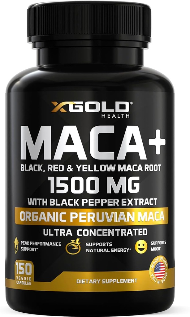 X Gold Health Organic Maca Root Powder Capsules de 1500mg avec noir