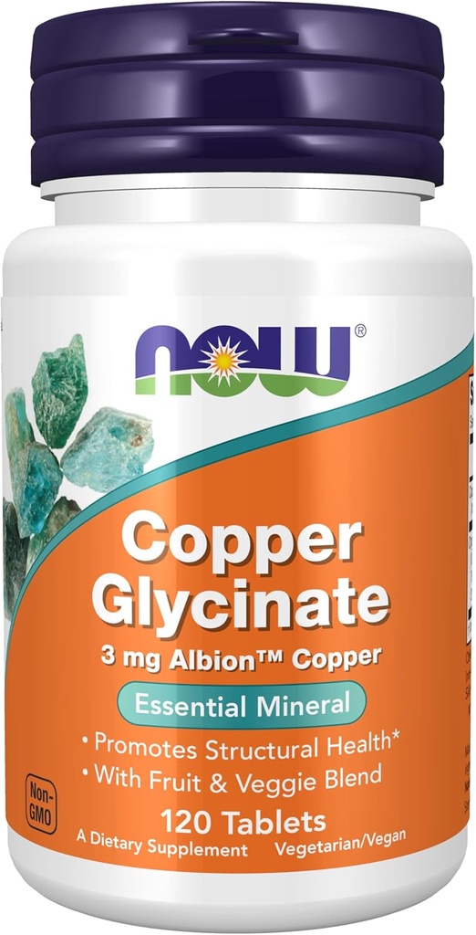 MAINTENANT compléments alimentaires, glycinate de cuivre avec 3mg de cuivre d'Albion, favorise la santé structurelle*, 120 comprimés, gris clair, Tan