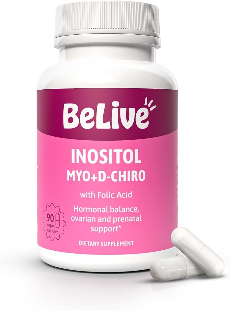 BeLive Myo-Inositol & D-Chiro Inositol Capsules - 90Ct I Inositol Supplement with Folic Acid Supplements for Woman, Optimal 40:1 Ratio (1)