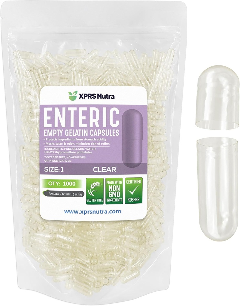 XPRS Nutra Taille 1 Capsules vides - 1000 Compter Effacer les capsules enrobées de gélatine vide - Pilules à libération différée - Bouchons de bricolage Remplissage - Bouchons de gel entéro-bovin pur