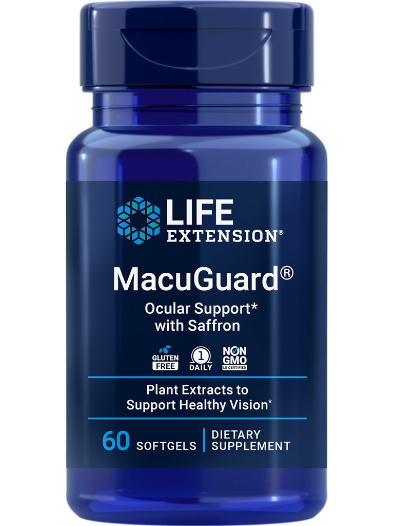Life Extension MacuGuard Ocular Support avec Safran – Supplément santé oculaire pour une vision saine – avec Lutéine, Méso-zeaxanthin, zéaxanthin, Safran – Sans gluten, non-OGM – 60 softgels