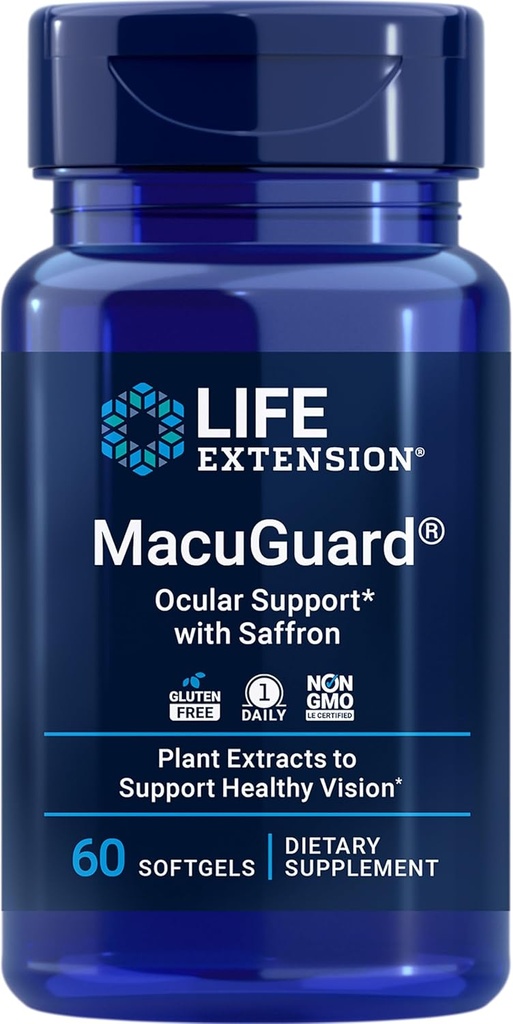 Life Extension MacuGuard Ocular Support avec Safran – Supplément santé oculaire pour une vision saine – avec Lutéine, Méso-zeaxanthin, zéaxanthin, Safran – Sans gluten, non-OGM – 60 softgels