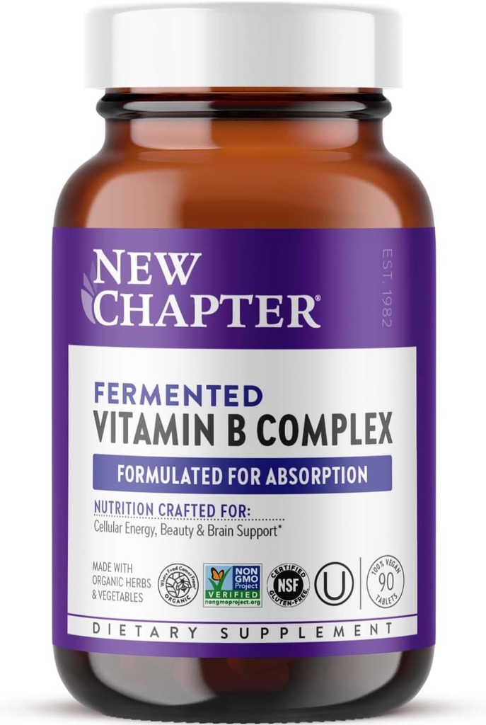 Nouveau Chapitre Complexe Vitamine B, Complexe Vitamine B Fermenté, USDA Organique, ONE Daily for Cellular Energy + Cerveau + Beauté, 100% Vegan, Sans gluten - 90 Compte