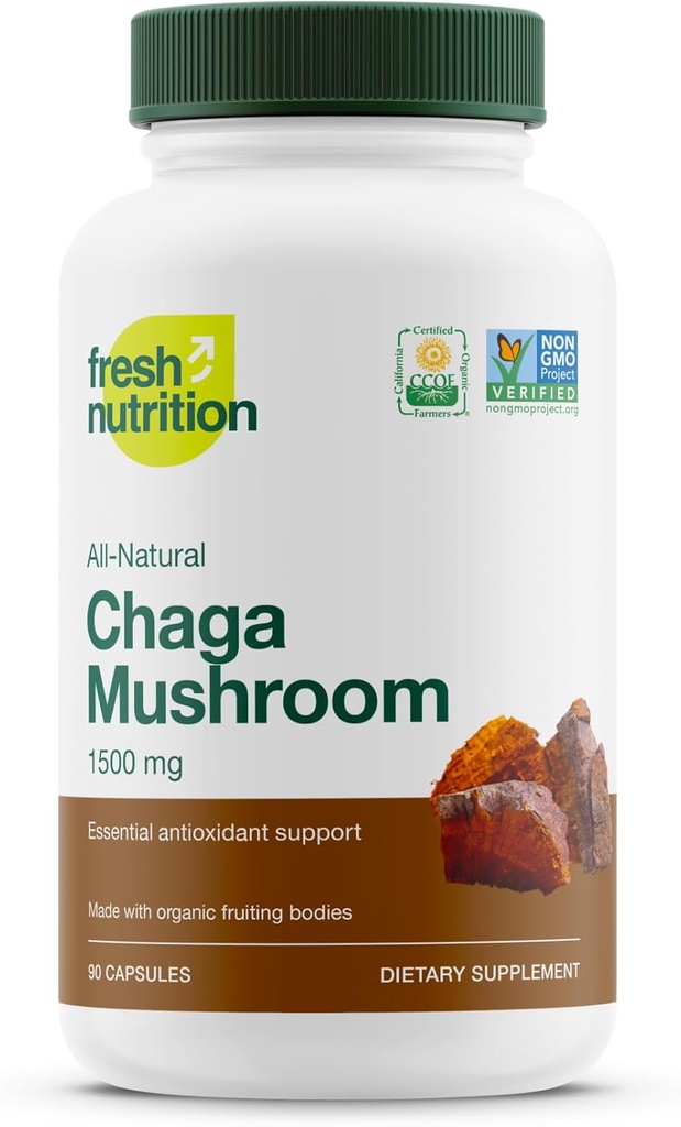 Champignons de Chaga bio – DNA le plus fort vérifié 1500mg par portion – Haute en fibre – Non OGM, sans gluten et sans soja, végétalien