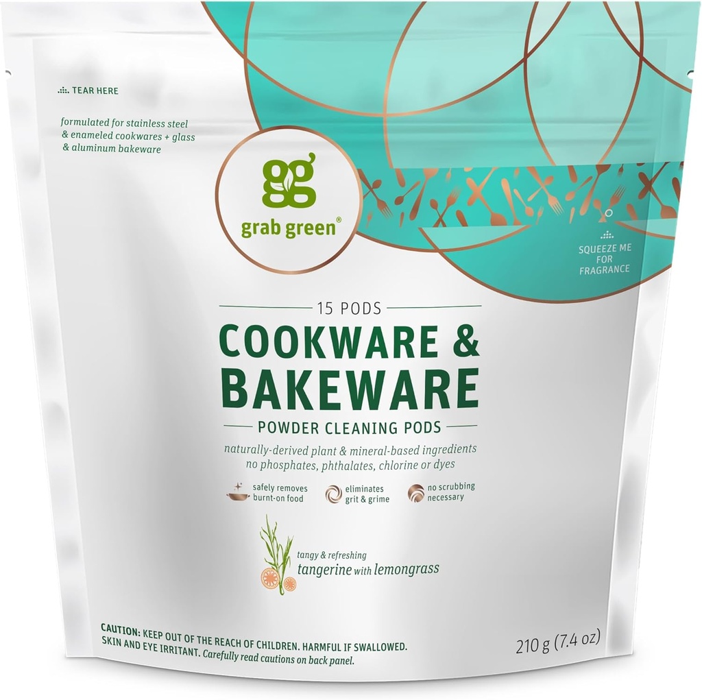 Grappez des produits de cuisine verts et des bakeware Cleaner Pods,15 Pods, Tangerine Lemongrass Scent, base végétale et minérale, élimine les aliments brûlés, élimine les staines