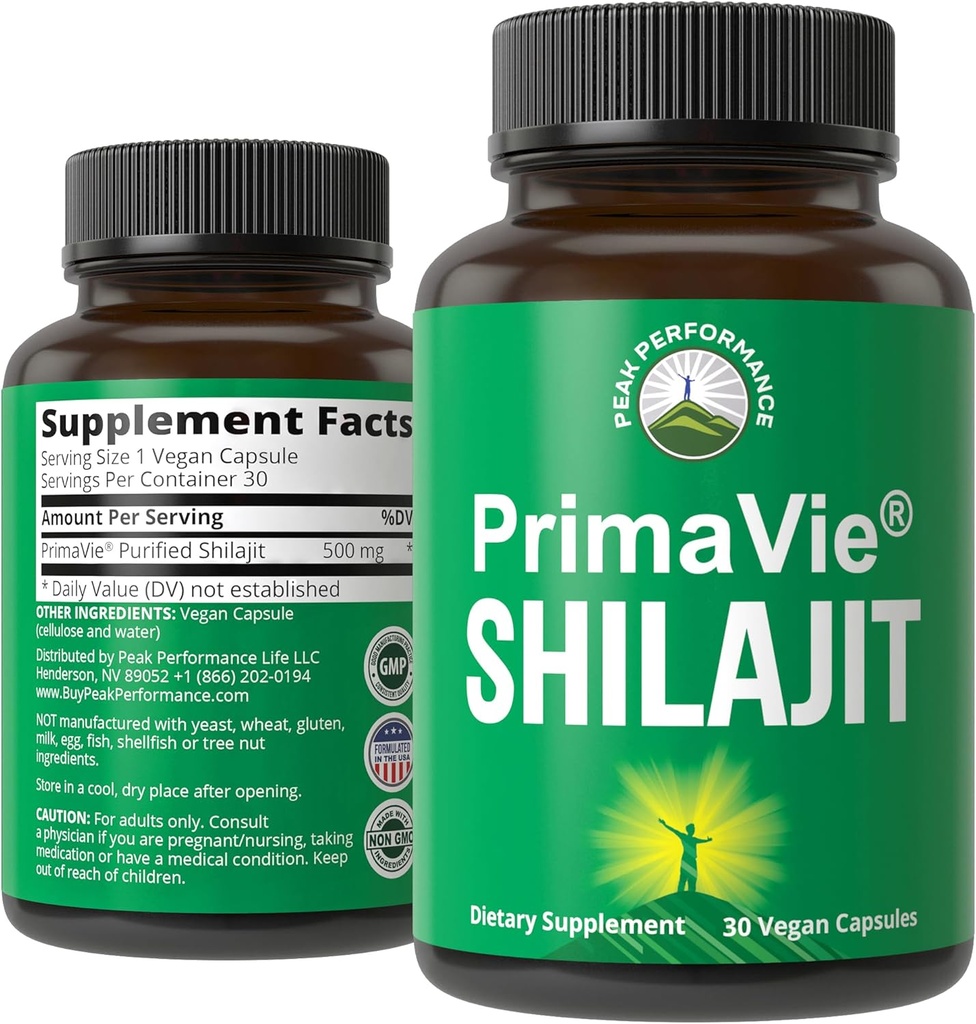 PrimaVie Purified Shilajit Capsules Made with Pure Shilajit Powder. Clinically Tested Natural Supplement with 40+ Trace Minerals, Fulvic Acid. Tablets Support Mitochondria + Brain Function