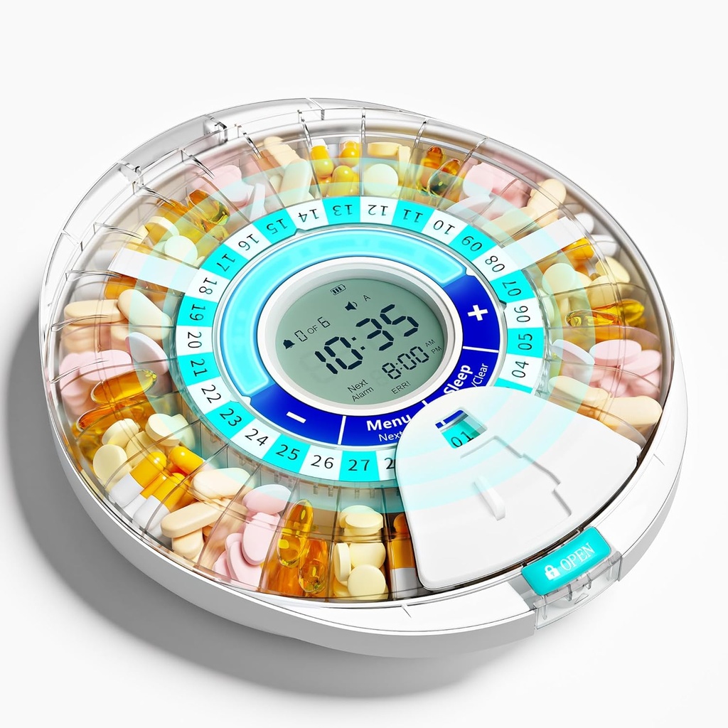Distributeur de pilules automatique amélioré pour les personnes âgées avec alarme: Distributeur de pilules intelligent avec 28-Slot, Mix-Proof Tech & XL LCD, Durabilité améliorée pour la prise en charge médicale quotidienne