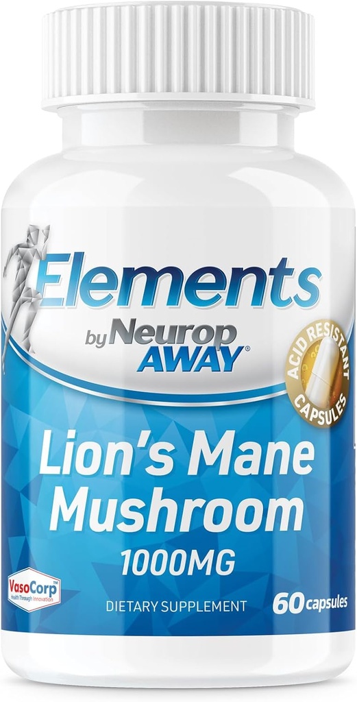 Éléments NeuropAWAY Lions organiques Mane Mushroom Extract Capsules (60 capsules résistantes à l'acide par bouteille) Tiers testés fabriqués dans une installation de GMPc