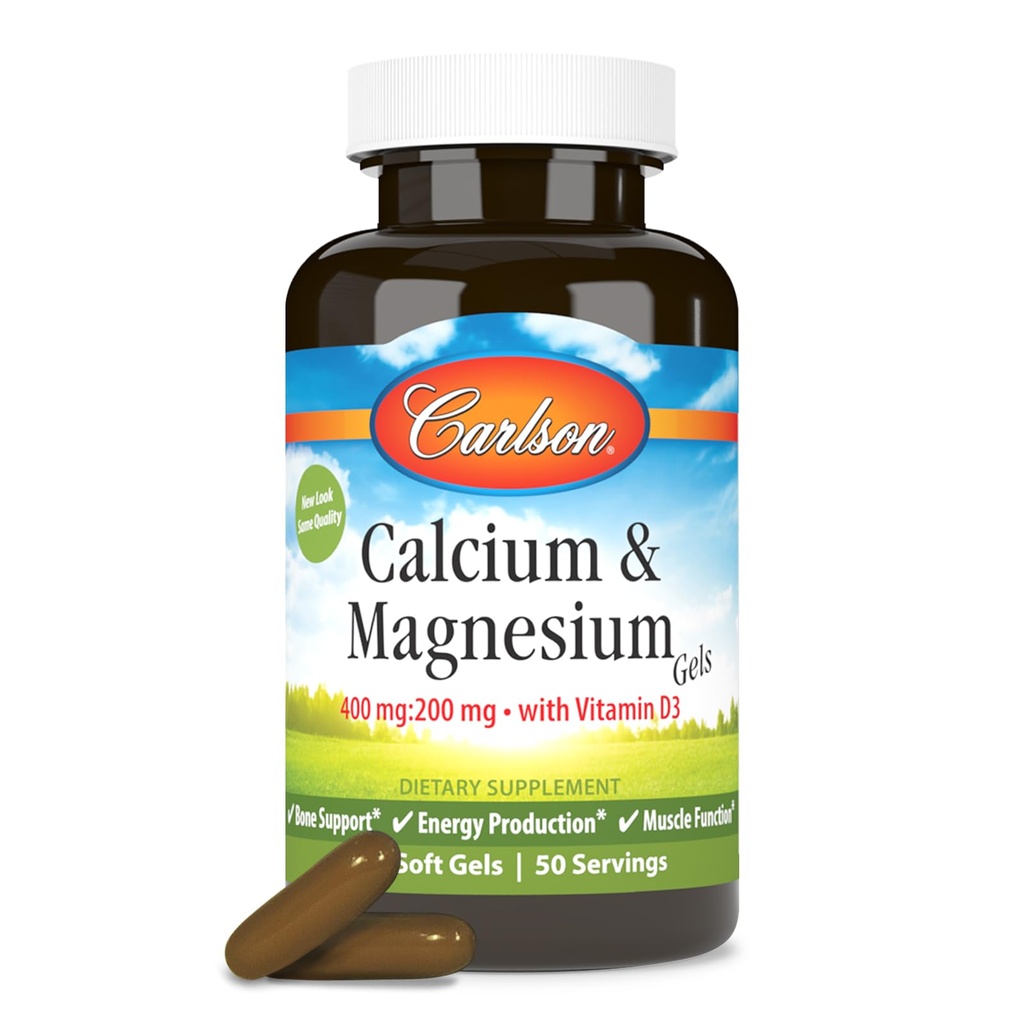 Carlson - Cal-Mag Gels, 2:1 Rapport calcium/magnésium, Soutien os, Production d'énergie, 100 gels doux