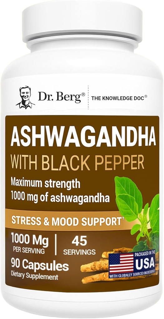 Dr Berg Ashwagandha Capsules 1000mg - Comprend la racine Ashwagandha avec poivre noir de Bioperine - Suppléments Ashwagandha 90 Capsules