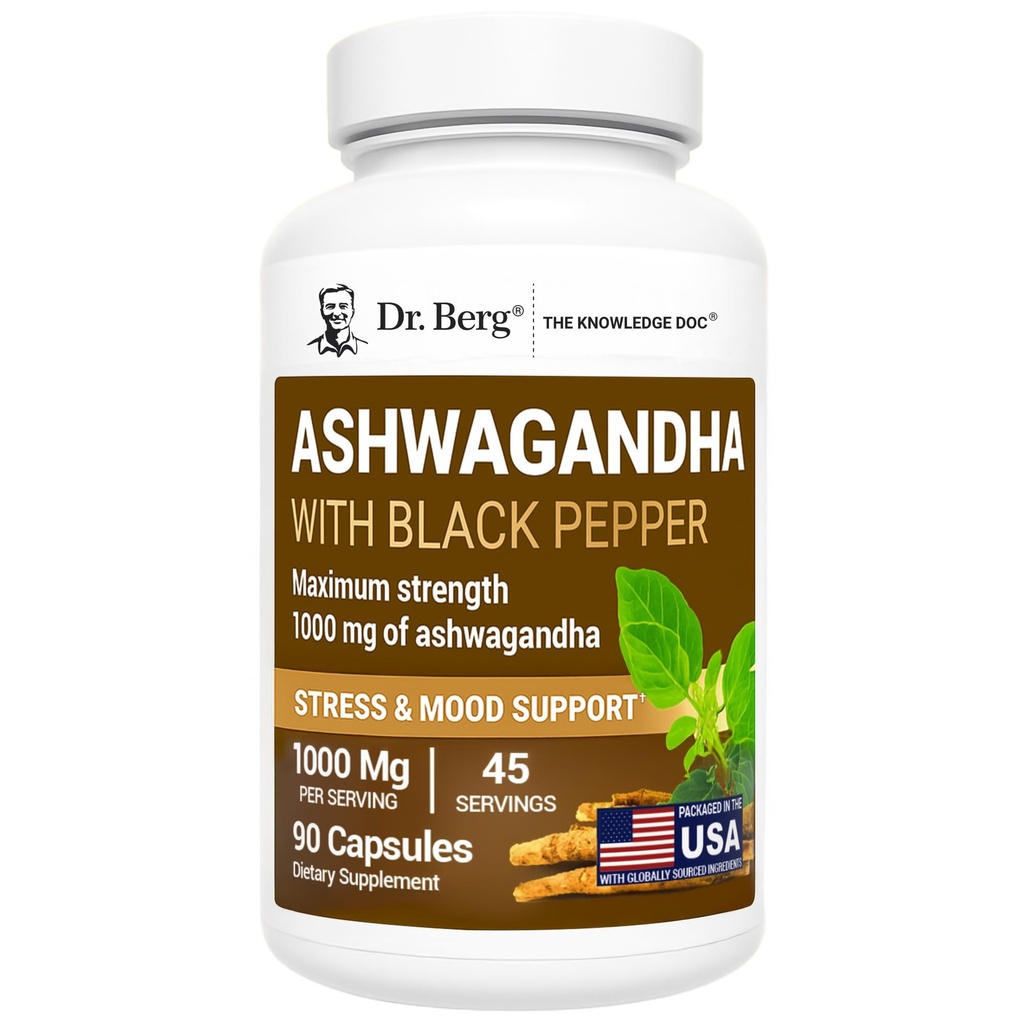 Dr Berg Ashwagandha Capsules 1000mg - Comprend la racine Ashwagandha avec poivre noir de Bioperine - Suppléments Ashwagandha 90 Capsules