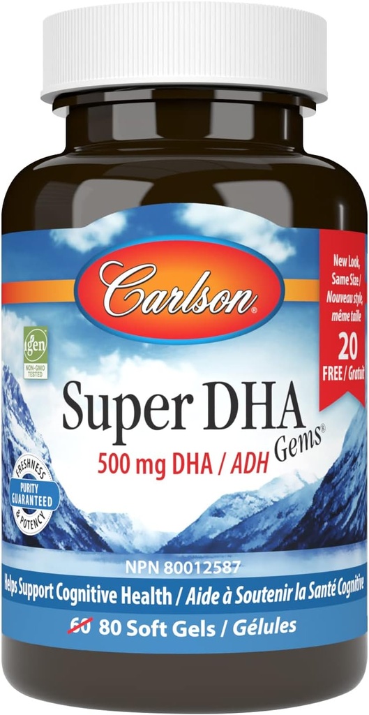 Carlson - Super DHA Gems, 500 mg DHA Suppléments, 640 mg Acides gras, concentré d'huile de poisson de l'Arctique norvégien, capsules d'huile de poisson nordique, 60+20 Softgels