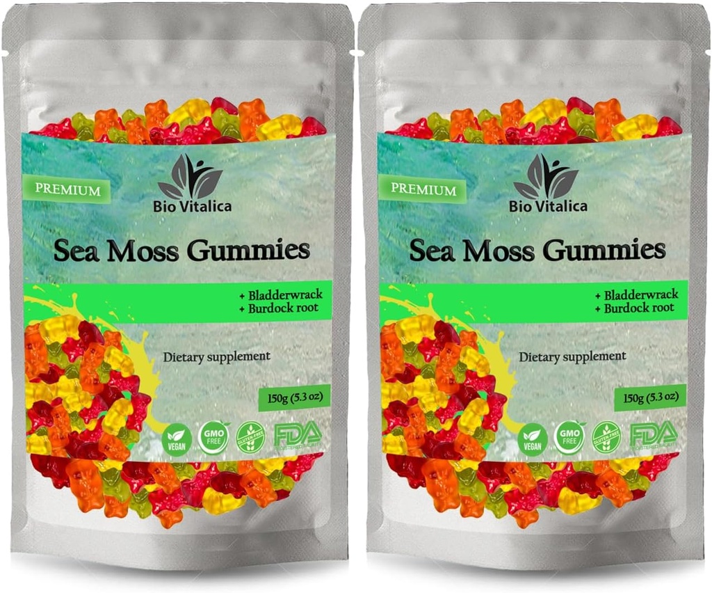 BIO VITALICA Gommies de mousse de mer – avec la racine Bladderwrack & Burdock – Gel sauvage + Poudre – Vegan, Keto, Non-OGM, sans gluten – Gommies minéral-riches fruités – 50 Nombre (2 Pack)