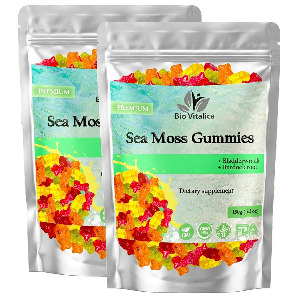 BIO VITALICA Gommies de mousse de mer – avec la racine Bladderwrack & Burdock – Gel sauvage + Poudre – Vegan, Keto, Non-OGM, sans gluten – Gommies minéral-riches fruités – 50 Nombre (2 Pack)