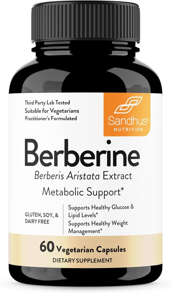 Sandhu Berberine HCL Supplément 500mg par capsule avec extrait de 97% de Berberis Aristota Pure.