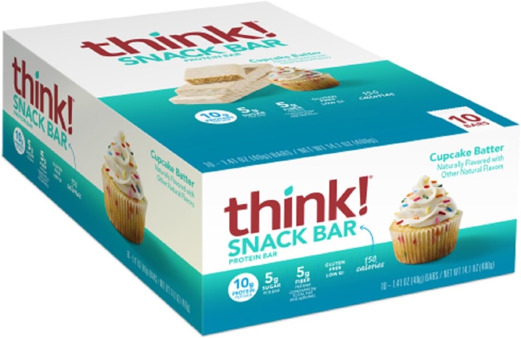 Réfléchis ! Barres protéinées avec racine de chicorée pour fibre, support digestif, sans gluten avec isolat de protéines de lactosérum, battement de cupcake, barres Snack sans édulcorants artificiels, 1,4 Oz (10 comte)
