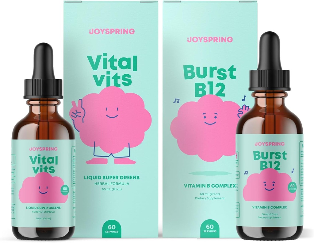 JoySpring Daily Multivitamin & B Complex Bundle | Kids Vitamins Naturally Sourced, Non-GMO, Non-Alcoholic Liquid Formula, Immunity Health Support | Vegan & Vegetarian Supplements