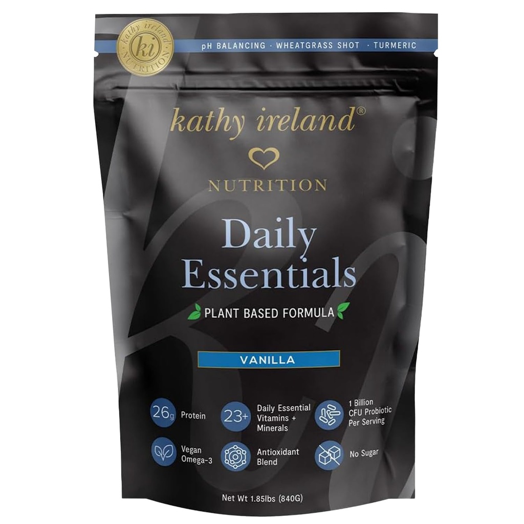 Kathy Ireland Poudre végétale de protéines de vanille, 26g de protéines, substitut de repas à faible teneur en glucides, mélange de pois, de Mung et de fava avec probiotiques, vitamines et minéraux, 1,85 lb