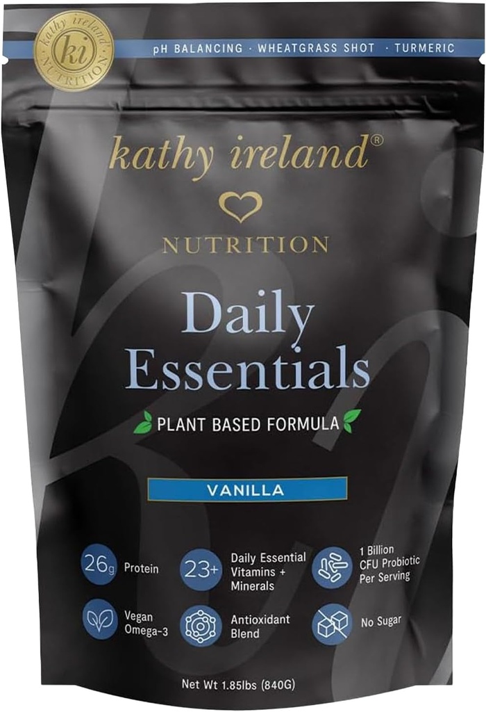 Kathy Ireland Poudre végétale de protéines de vanille, 26g de protéines, substitut de repas à faible teneur en glucides, mélange de pois, de Mung et de fava avec probiotiques, vitamines et minéraux, 1,85 lb