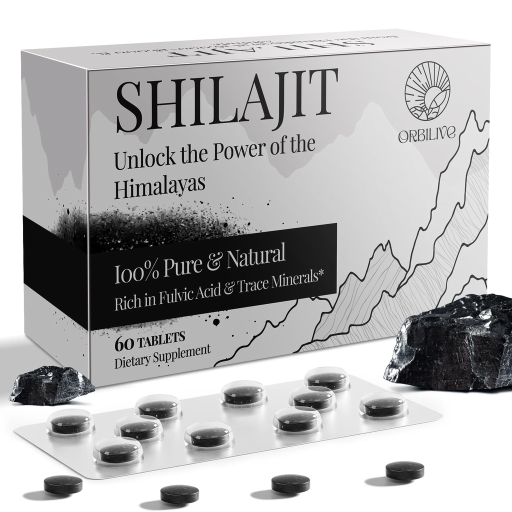 Comprimés Shilajit 1000 MG, 100% Himalayan Organic, Supplément Shilajit Riche en Acid Fulvic et 85+ Trace Minerals pour les hommes et les femmes, Energy & Immune System, 60 Compte