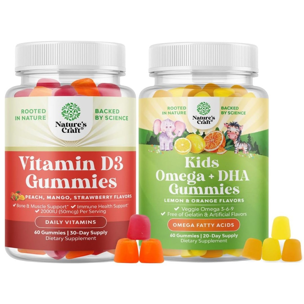 Ensemble de vitamines D3 Gommies pour le bien-être quotidien avec 2000UI par portion Muscle osseux et soutien immunitaire et enfants Omega 3 Gommies DHA - Acides gras Omega 3 6 9 pour le cerveau, la force immunitaire et la vision